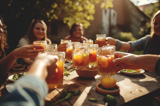 Group of young people toasting and having good time outdoors