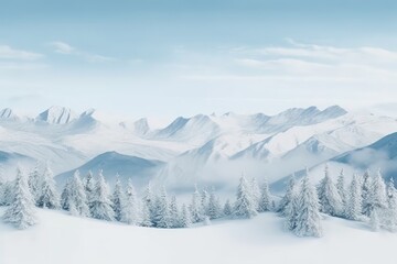 winter wonderland with snow-capped mountains and evergreen trees in the forefront. Generative AI