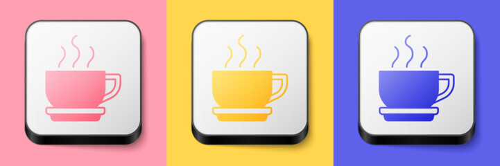Isometric Coffee cup icon isolated on pink, yellow and blue background. Tea cup. Hot drink coffee. Square button. Vector