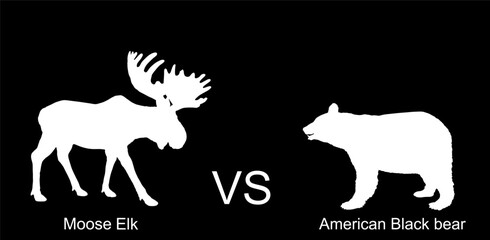 Moose against bear vector silhouette illustration isolated on black background. Battle for life and food against grizzly bear and deer elk buck. Powerful deer with huge antlers vs predator in forest.