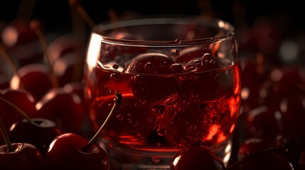 A glass brimming with cherry soda, adorned with a maraschino cherry on top - obrazy, fototapety, plakaty