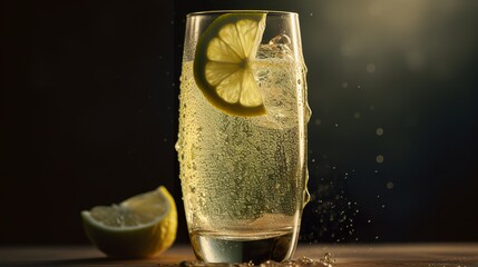 A tall glass is filled with sparkling lemon-lime soda, garnished with a slice of fresh lemon and lime