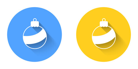 White Christmas ball icon isolated with long shadow background. Merry Christmas and Happy New Year. Circle button. Vector