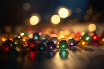 Festive background garland bokeh. Colorful string lights on a dark background. Generative AI