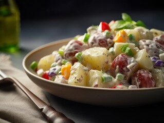 potato salad with colorful vegetables and a creamy dressing