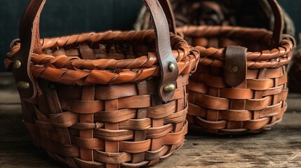 Obraz premium Rustic woven basket with leather straps. AI generated