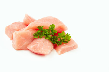 Fresh pieces of turkey meat on a white background.Ogranic food and healthy eating.Frozen chicken fillet.Raw chicken.Chicken Skewers breast fillet meat