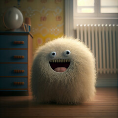 A cheerful house spirit, a small hairy round one. kawaii little monster