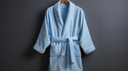 Soft and fluffy bathrobe in pastel blue. AI generated - obrazy, fototapety, plakaty