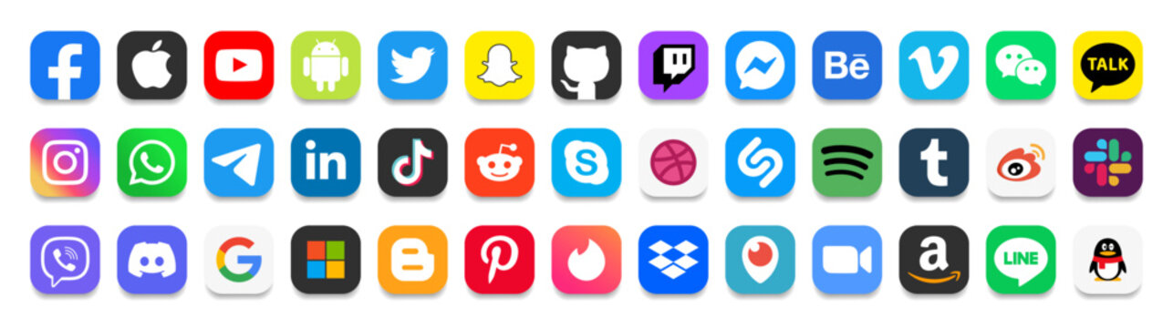 Set of Social media icon:Facebook,Instagram, Snapchat, Twitter, Youtube,Whatsapp, Telegram,linkedin,dribbble,Viber, Pinterest, Skype, Tumblr, Twitter, Messenger,Twitch,Discord,Tinder,Apple,Wechat