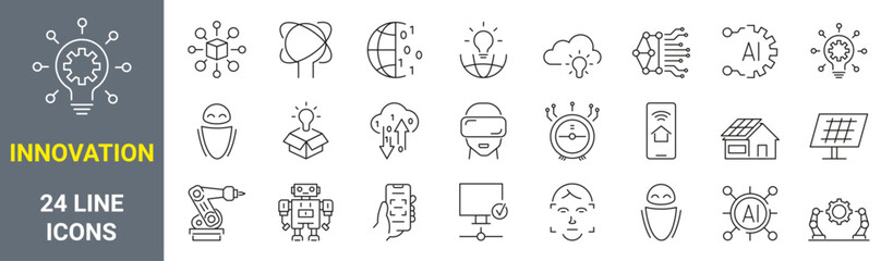 Innovation web icons in line style. Creativity, Finding solution, Brainstorming, technology, teamwork, Inspiration, Creative thinking, Brain. Vector illustration.