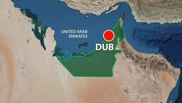 Designation of the borders of United Arab Emirates on the map and the mark of the location of the city of Dubai