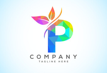 Obraz premium Polygonal alphabet with two leaves. Low poly eco-friendly logo concept. Logo for ecological