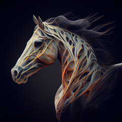 Horse head with long mane and mane. 3D rendering