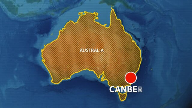 Designation of the borders of Australia on the map and the mark of the location of the city of Canberra