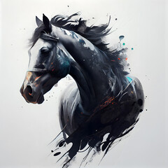 Horse with black mane and paint splashes on white background