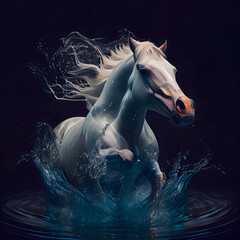 Obraz na płótnie Canvas White horse splashing water, studio shot on dark background, square format