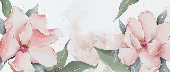 Floral art background with pink magnolia flowers hand drawn with golden art line elements. Botanical banner for decoration design, print, wallpaper, textile, interior, invitations, cover. © VectorART