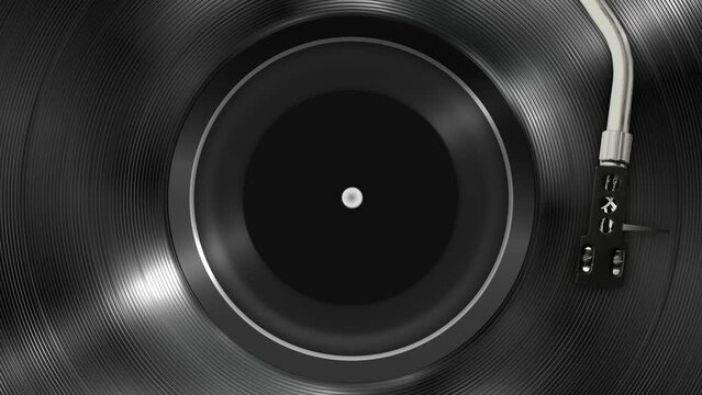 Platter rotates on vintage turntable with needle play music