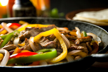 Delicious home cooked beef steak fajitas in iron cast skillet with colorful sweet peppers and onions. Traditional Mexican specialty popular across America
