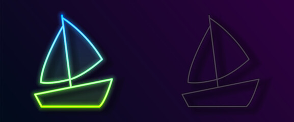 Glowing neon line Yacht sailboat or sailing ship icon isolated on black background. Sail boat marine cruise travel. Vector