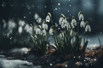Fototapeta na wymiar Small, white flowers called snowdrops in winter's snow. Generative AI