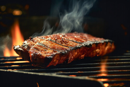 Kansas city style barbecued smoked brisket with sauce on a grill rack. Traditional meat specialty of American cuisine