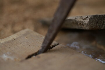 wood carving tools with sawdust