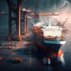 Industrial sea port. Created with Generative AI technology