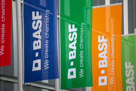 Flaggen der BASF in Ludwigshafen am Rhein