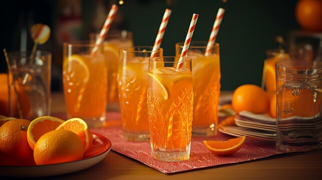 A tray of glasses filled with orange soda, adorned with orange slices and colorful paper straws