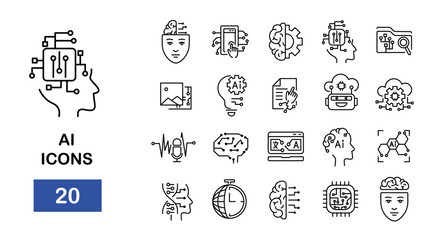 Artificial Intelligence Vector Line Icons Set. Humanoid Robot, Thinking Machine, Deep Learning, Genetic Algorithm, Neural Network, Machine Vision. Vector illustration