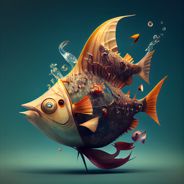 3d illustration of a big fish with splashes of water.