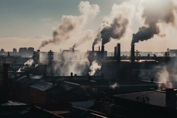 Smoke rising over an industrial city skyline with chimneys puffing. Generative AI