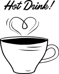 Vector illustration of a cup of coffee or tea. A cup of coffee. Illustration of a hot drink. Black and white illustration. Vector on a white background. Americano, cappuccino, latte, espresso, mocha.