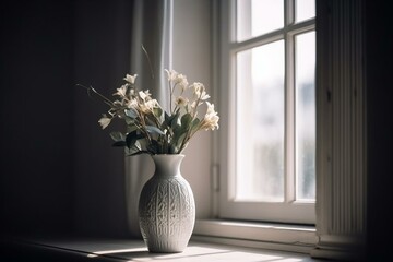 White vase with flowers by a window and radiator on white wall and sill. Generative AI