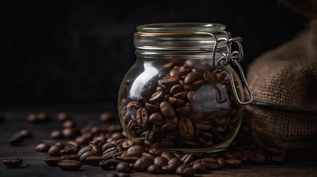 Glass jar filled with aromatic coffee beans. AI generated