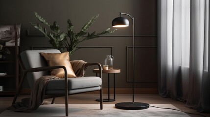 Modern metal floor lamp with adjustable arms. AI generated