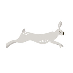 Cute cartoon isolated gray rabbits in Nordic style. Vector hand-drawn animals for nursery on red background.