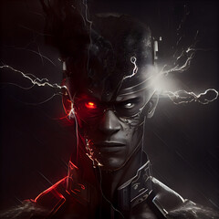 Digital Illustration of a Futuristic Man in a Mask with Lightnings
