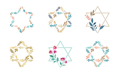 Jewish symbol. Star of David with leaves, flowers collection. Bat and Bar Mitzvah concept design