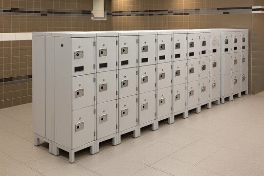 row of lockers in a public restroom. Generative AI