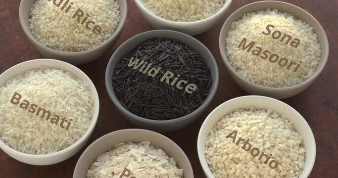 Different varieties of rice: wild, sona masoori, idli rice, poha, jasmine, basmati, arborio with text names. Table spin.