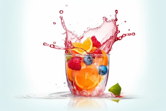 Fruit drink with vibrant splash on white background. Generative AI