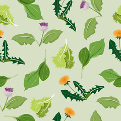 Seamless hand drawn pattern with green plants. 