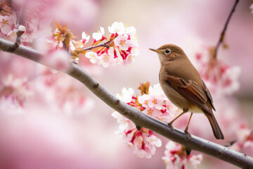 Delightfully beautiful nightingale bird on a flowering tree in spring