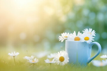 Spring summer natural background with light blue mug with daisies in the meadow