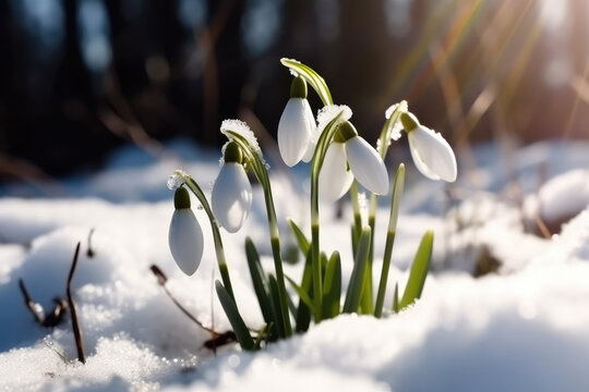 The First Spring Flowers Snowdrops On The Snow In Nature In The Rays Of Sunlight Close-up Macro