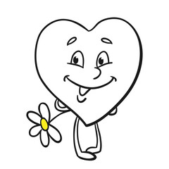 Funny heart stands with a flower behind its back. Black and white picture in cartoon style. For coloring book. Isolated on white background. Vector illustration.