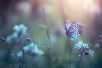 Wild light blue flowers in field and two fluttering butterfly on nature outdoors, close-up macro. Magic artistic image. Toned in blue and purple tone